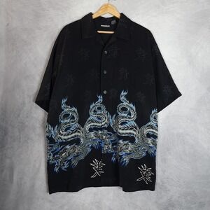 Dragon Button Shirt Mens Large Black Blue Graphic Print Aloha Camp Korean Y2K